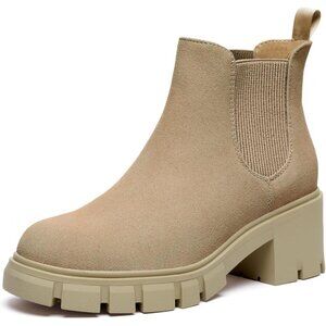 🆕Women's Chelsea Platform Ankle Booties Low Heel Slip-On Suede Casual Nude